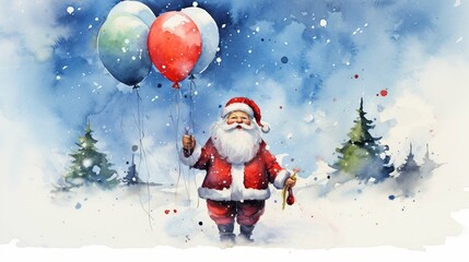 Santa Claus with balloons watercolor 