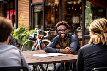 cyclists engaged in conversation outside a coffee shop. AI generative.