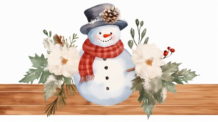 wooden sign with snowman and cotton flowers leaves watercolor 