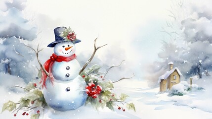 winter snowman with cotton flowers frame border watercolor