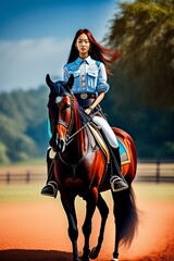 Fototapeta premium lisa from black pink riding a horse. girl riding a horse
