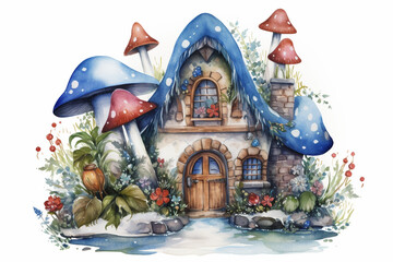Obraz premium Enchanted cottage in a magical forest with woodland creatures celebrating Christmas, watercolor style, white background