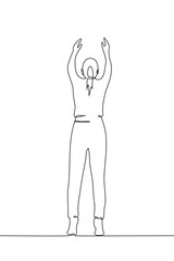 woman reaches up with both hands - one line art vector. concept of getting something from a shelf or catching a falling object