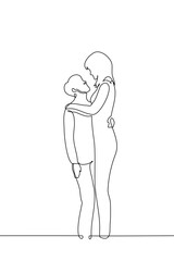 man and a woman are hugging, she is much taller than him - one line art vector. concept lover with a large height difference