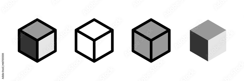 Poster basic geometry grayscale monochrome wireframe thick edge solid box cube icon set in 3d style perspec