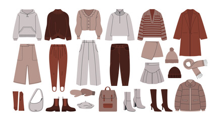 Base winter wardrobe. Female stylish outfits capsule, warm women fashion clothes footwear bags. Vector cartoon set