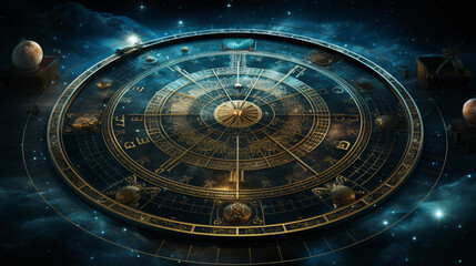 Space backdrop with a zodiac wheel.
