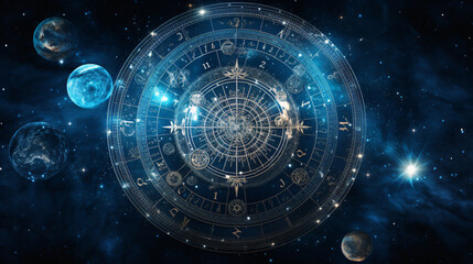 Space backdrop with a zodiac wheel.