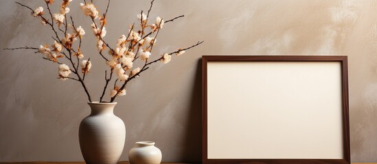 Minimalist design template with copy space featuring an empty picture frame a brown vase with a wooden branch and sunlight shadows on linen curtain and neutral beige wall background