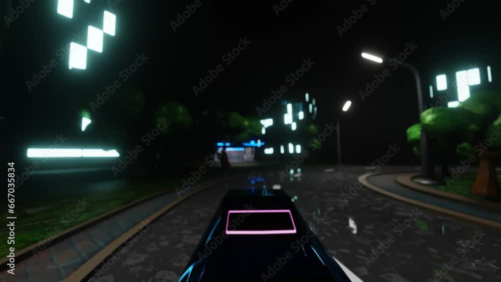 Poster driving in circles around the city at night, view from the car. looping abstract animation. 3d rende