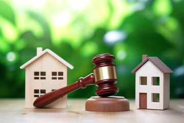 Property auction, Woman hand holding gavel wooden and model house on natural green background, lawyer of home real estate and ownership property concept