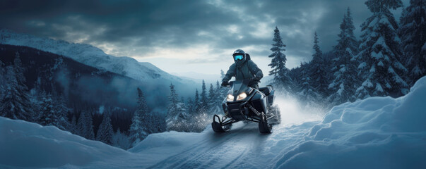 Man rides a snowmobile in the snowy mountains. Outdoor winter recreational lifestyle adventure and sport activity. - obrazy, fototapety, plakaty