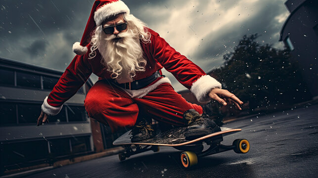 AI-generated image of Santa Claus skateboarding.