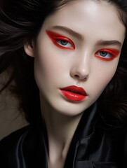 Fototapeta premium Young beautiful woman in a fashionable red dress with lush sleeves. Woman wear red makeup Advertising of fashionable female