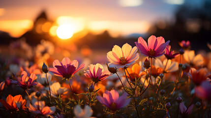 Amazing view of wildflowers fields at sunset.