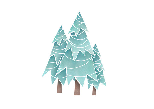 watercolor hand drawn Christmas trees cutout set on transparent background. Coniferous trees green New Year pack. Simple pine-trees clipart collection. Winter holiday evergreen forest tree