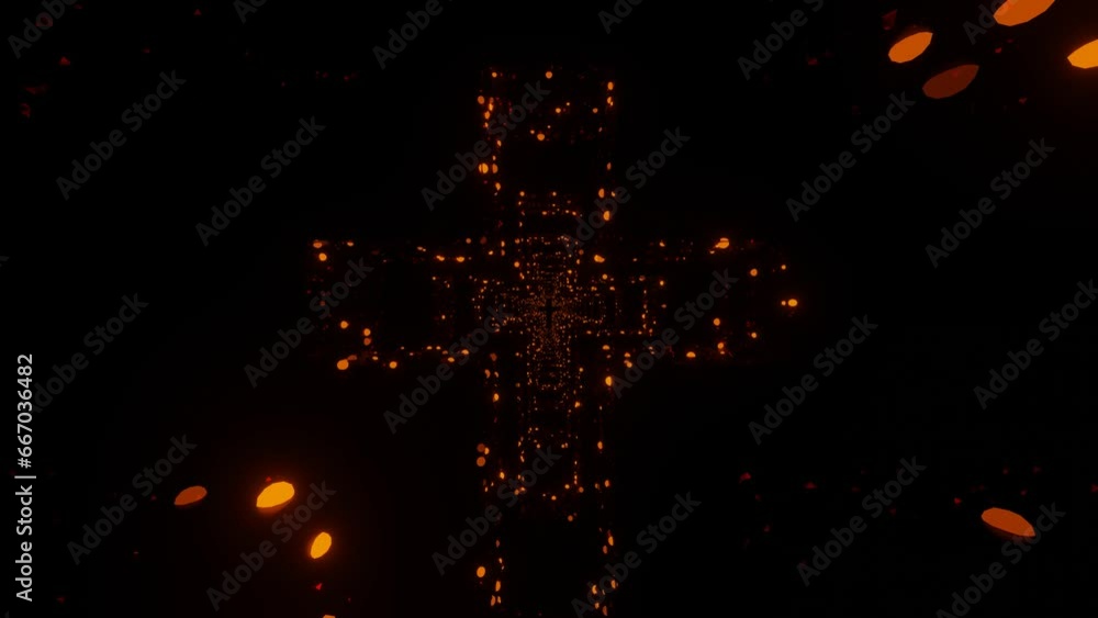 Aufkleber camera movement through a tunnel in the form of a christian cross with particles blinking on a black