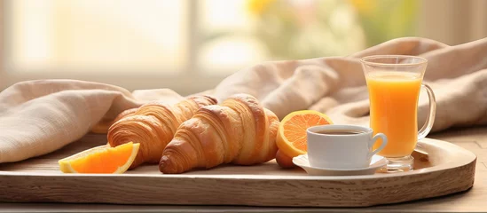 Foto op Plexiglas Morning meal tray featuring citrus beverage pastry and produce © Vusal