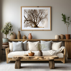 Rustic sofa and live edge coffee table against beige wall with big empty mock up poster frame. Scandinavian home interior design of modern living room in farmhouse