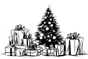 Hand drawn Christmas tree and presents. Vector illustration sketch, line art.