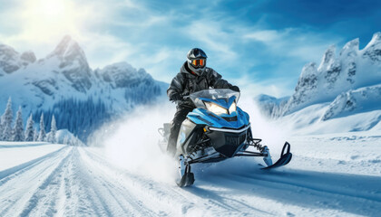 Fototapeta na wymiar Man rides a snowmobile in the snowy mountains. Outdoor winter recreational lifestyle adventure and sport activity.