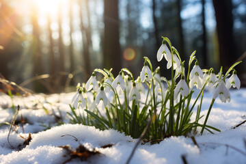 illustration of snowdrops in the snow in forest. Created with Generative AI