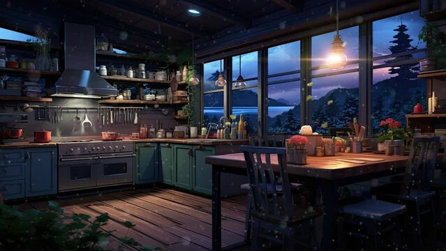 Cinematic beautiful Scandinavian open kitchen view windows with cartoon style. seamless looping time-lapse virtual 4k video animation background.