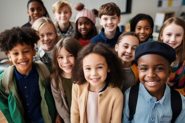 Happy multi-ethnic junior school students standing in classroom, smiling and posing for group portrait together