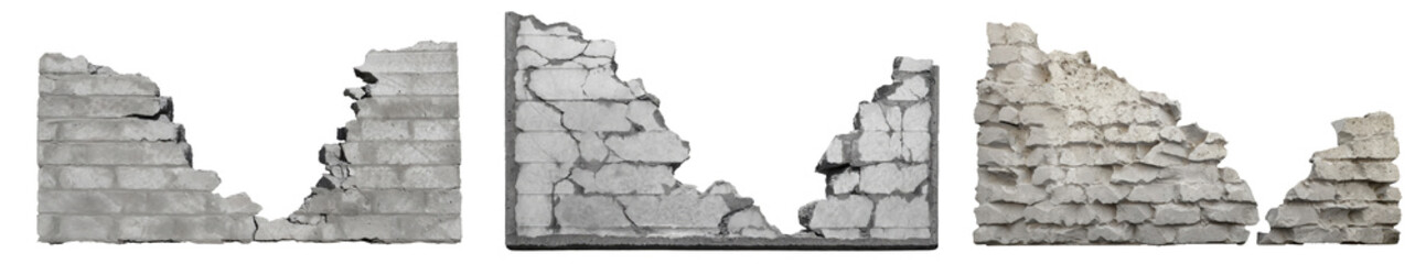 Set of ruined, collapsed, cracked, or broken concrete brick cement walls, isolated on a transparent background. PNG, cutout, or clipping path.