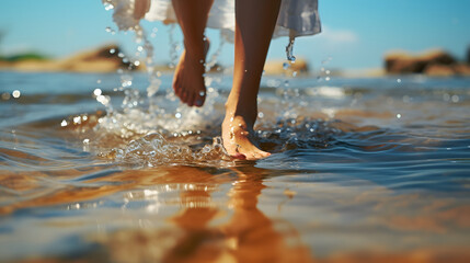 Woman feet, walking through sea water, at sand beach.