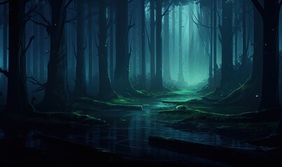 Fantasy dark forest with fog and river.  