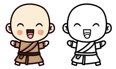 Cute happy monk doodle style vector illustration, Cute monk, religious shaolin monk cute doodle style stock vector image