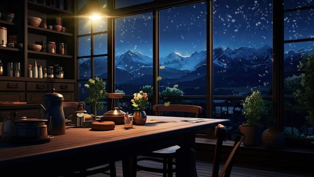 Cinematic beautiful Scandinavian open kitchen view snowfall in the windows with cartoon style. seamless looping time-lapse virtual 4k video animation background.