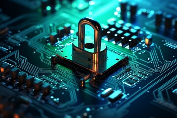 Fototapeta na wymiar Cybersecurity lock in blue shielding the integrity of the motherboard