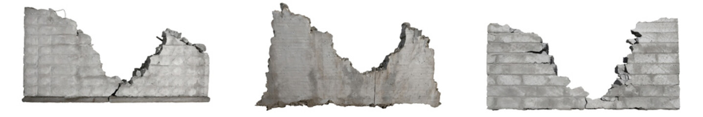 Set of ruined, collapsed, cracked, or broken concrete cement walls, isolated on a transparent background. PNG, cutout, or clipping path.