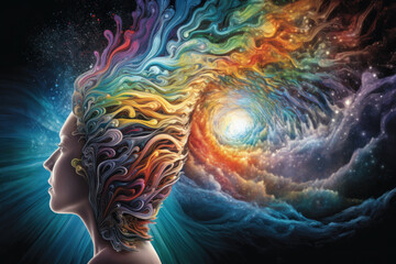 Synergies of human mind, soul geometry, colorful galaxy of thoughts metaphor 