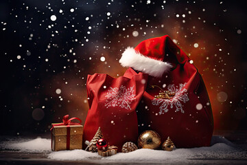 Red Santa Claus hat and a bag with gifts on a dark snowy background.