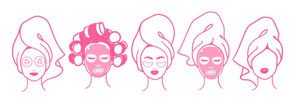 Vector illustration set of female portraits with facial masks wrapped with hair towel in pink color