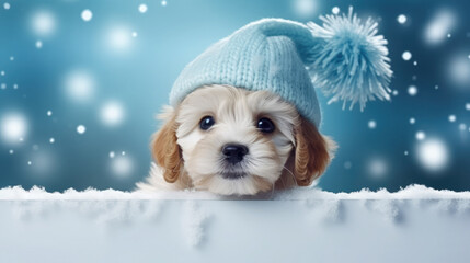 A Yorkshire terrier puppy in a blue hat with a pompom looks out behind a white banner against a background of falling snowflakes.