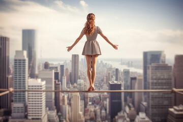 Fototapeta na wymiar A businesswoman confidently walking a tightrope high above the city, symbolizing the delicate balance and risks involved in her corporate career.