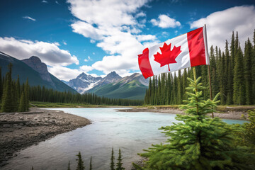 Canada's picturesque national park is a traveler's dream, with a flag wvaing and its stunning autumn scenery, pristine river, and rugged mountain landscapes.