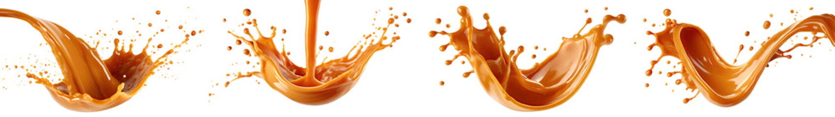 Set of caramel splashes, sweet liquid candy swirls, and waves splashing with droplets. Isolated brown melt toffee syrup stream with splatters and dynamic motion, perfect for ads and promo design.