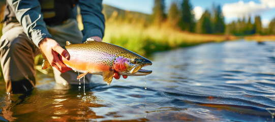 A person's hands gently holding a trout, highlighting the importance of conservation efforts to...