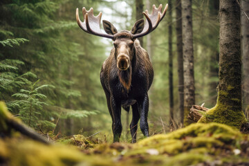 Naklejka na ściany i meble A magnificent male elk, also known as a bull, with impressive antlers, standing in a beautiful forest setting during the fall season.