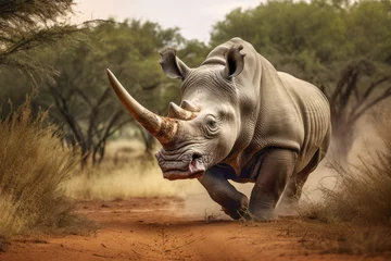 Wandcirkels tuinposter A thrilling moment captured in the African wilderness as an enraged rhinoceros charges, showcasing the raw power and danger of this massive herbivore. © EdNurg