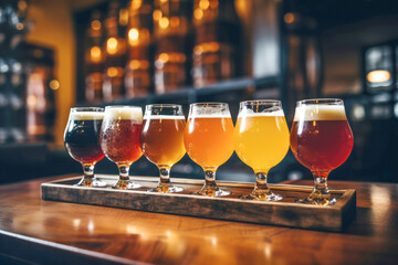 A selection of fresh beers on tap at a brewery, with a background of hop vines and a yellow counter. - obrazy, fototapety, plakaty