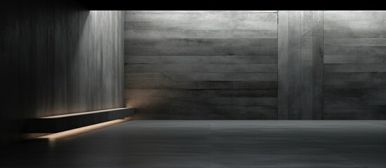 illustration and rendering of empty smooth architectural background with dark abstract concrete and wood interior