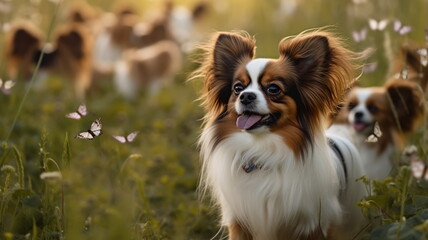 Happy smiling papillon dogs  at nature with flowers and butterflies