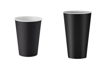 Set of empty, black paper glasses for mockups and designs, isolated on a transparent background with a PNG cutout or clipping path.