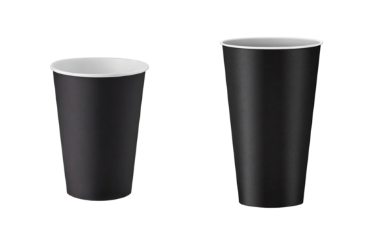 Set of empty, black paper glasses for mockups and designs, isolated on a transparent background with a PNG cutout or clipping path.